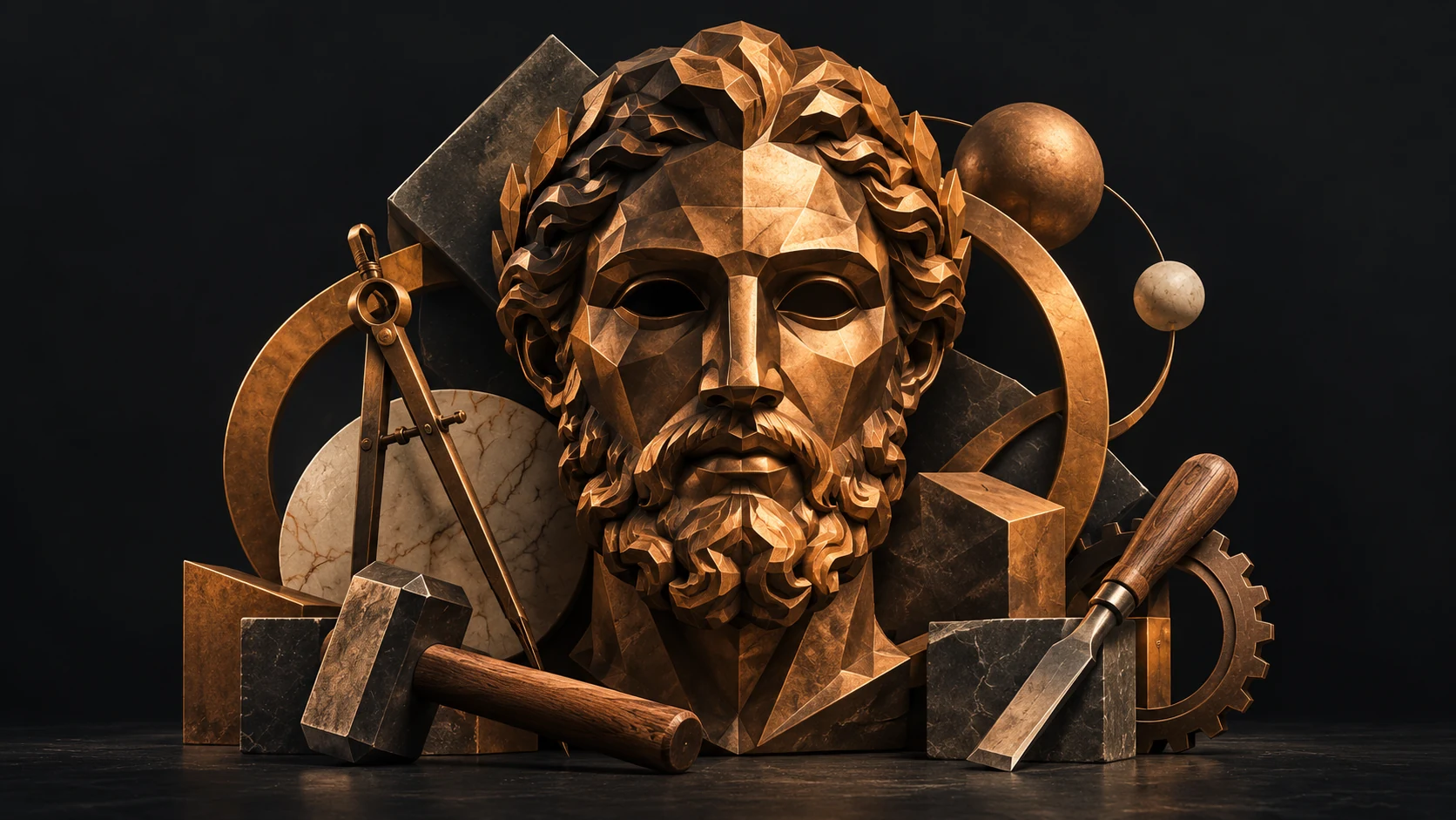 A faceted bronze craftsman surrounded by tools and geometric forms